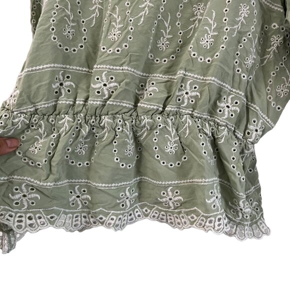 Cato Womens Green Eyelet Embroidered Boho Cinched Waist Square Neck Blouse XL - Picture 3 of 6